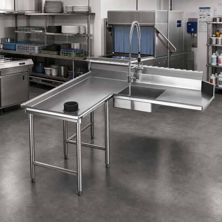 Product image #2 for Island-Design Left-Hand Soiled Dishtable with Pre-Rinse Sink, 120-Inch Machine Side, 60-Inch Return, 30-Inch Depth, 16 Gauge 304 Stainless Steel
