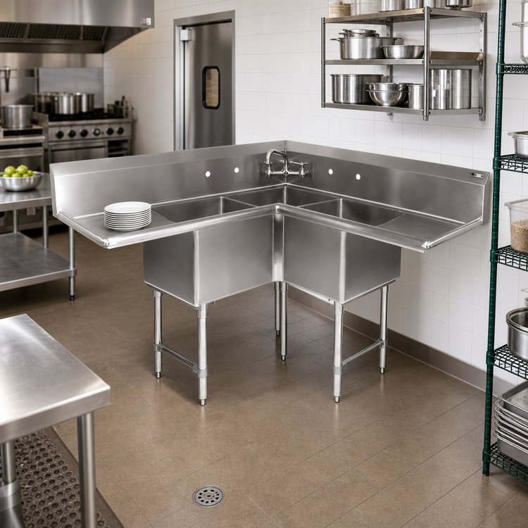 Product image #2 for John Boos Pro-Bowl 3-Compartment Stainless Steel Corner Sink with Dual Drainboards