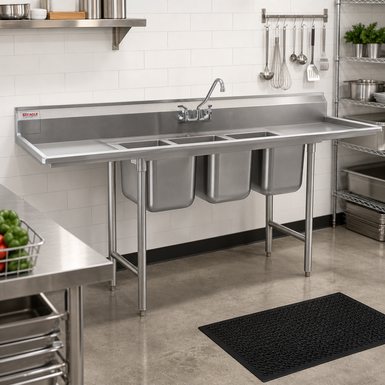Product image #2 for Eagle Group 414 Series Three-Compartment Stainless Steel Sink with Dual 18-Inch Drainboards, 96W x 31-3/4D