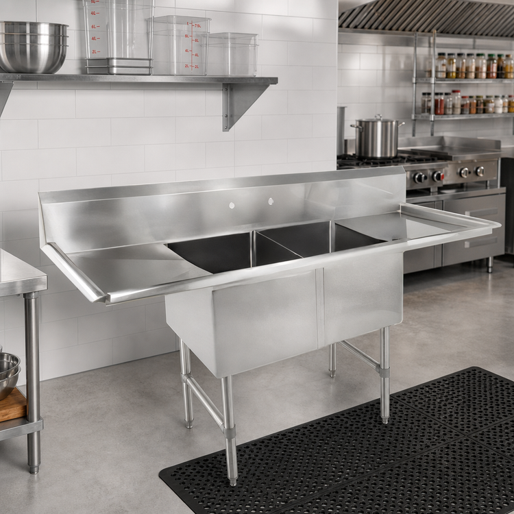 Product image #2 for John Boos B Series 2-Compartment Stainless Steel Sink with Dual Drainboards and 10-Inch Backsplash, 75-1/4" W x 23-1/2" D