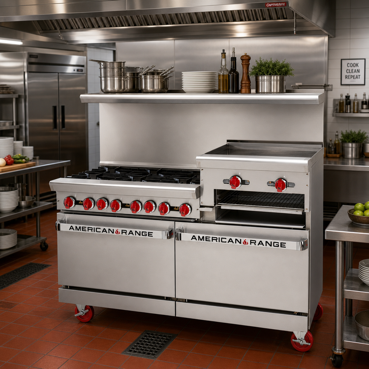 Product image #2 for American Range AR-8B-24RG-DSB 72-Inch Gas Restaurant Range with 8 Open Burners and 24-Inch Raised Griddle/Broiler