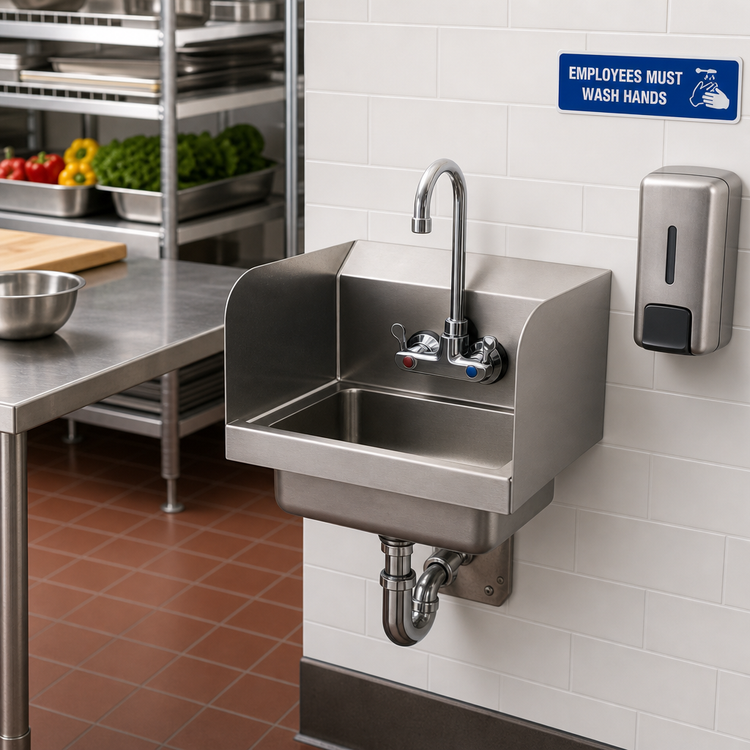 Product image #2 for Eagle Group BlendPort® Wall-Mount 304 Stainless Steel Hand Sink with Side Splashes, Faucet, and Basket Drain, 14 x 10 x 5 Inch Bowl