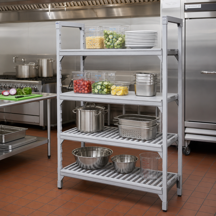 Product image #3 for Cambro Camshelving Premium 18-Inch x 30-Inch Polymer Shelf Kit, 4-Shelf Vented and Solid, Speckled Gray