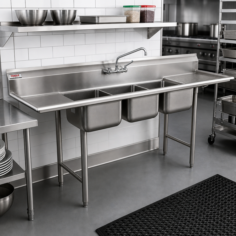 Product image #2 for Eagle Group 412 Series Three-Compartment Sink with Right Drainboard, 74-5/8"W x 27-1/2"D, 430 Stainless Steel