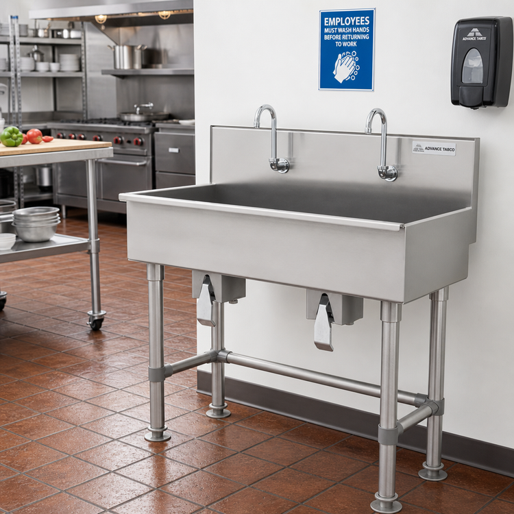 Product image #2 for Advance Tabco 40-Inch Wide 2-Station Knee-Operated Floor-Mounted Hand Wash Sink with Gooseneck Spouts