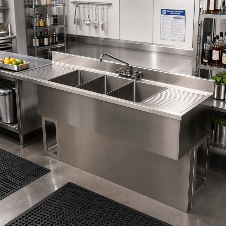 Product image #3 for BK Resources 84-Inch Three-Compartment Stainless Steel Underbar Sink with Dual Drainboards and Faucet