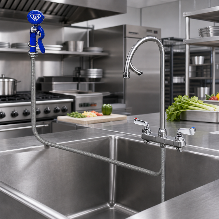 Product image #2 for T&S Brass 8-Inch Center Deck-Mount Workboard Mixing Faucet with Swivel Gooseneck and Blue Spray Valve