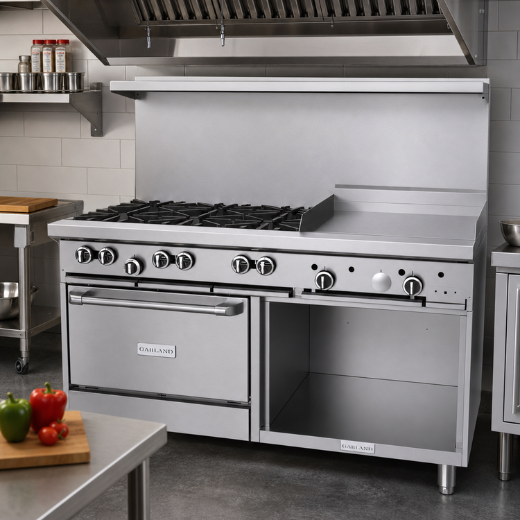 Product image #2 for Garland G Starfire Pro 60-Inch Commercial Gas Restaurant Range with 6 Open Burners, 24-Inch Griddle, Standard Oven, and Storage Base
