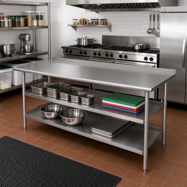 Product image #3 for 72 Inch x 30 Inch Stainless Steel 18-Gauge Work Table with 1.5 Inch Backsplash and 2 Undershelves