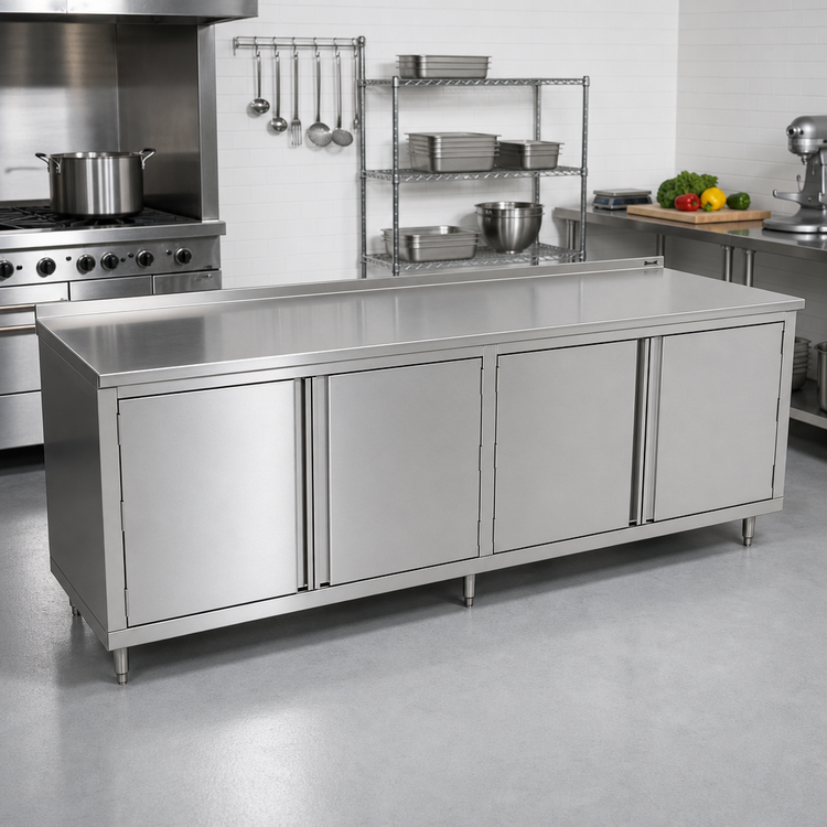 Product image #2 for John Boos Enclosed Work Table with Cabinet Base, 132-Inch x 30-Inch, 14-Gauge 300-Series Stainless Steel Top, 1-1/2-Inch Rear Riser