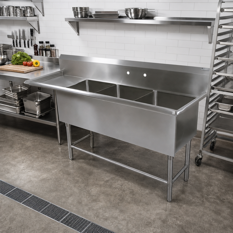 Product image #2 for John Boos Pro-Bowl 3-Compartment Sink With 18-Inch Left Drainboard, 70-3/16-Inch W x 25-1/2-Inch D, 14-Gauge Stainless Steel