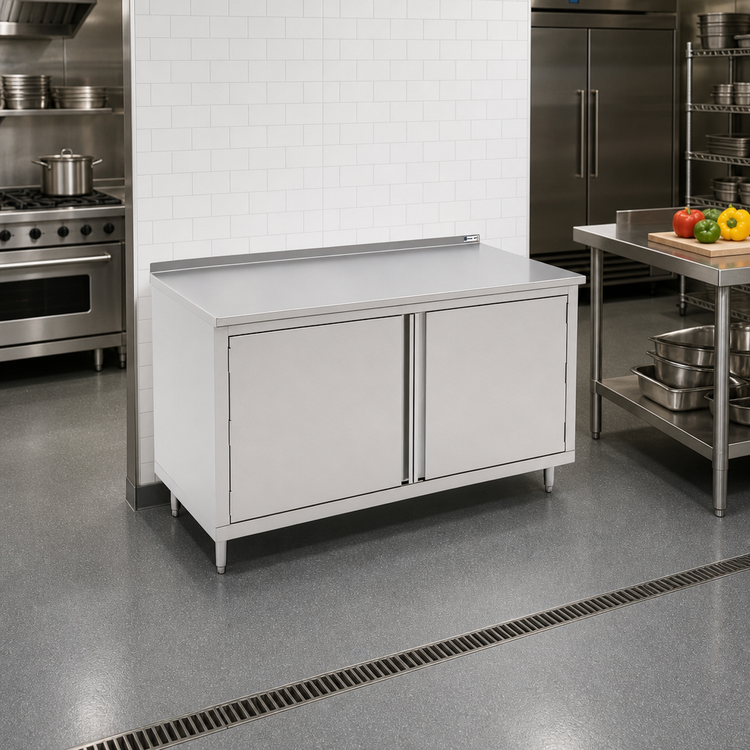 Product image #2 for 48 Inch x 24 Inch Cabinet Base Work Table with Hinged Doors, 16-Gauge Stainless Steel Top, and 1-1/2 Inch Rear Riser