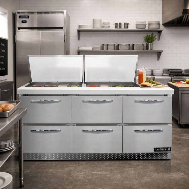 Product image #2 for Continental Refrigerator Designer Line D72N24M-FB-D 72" Mighty Top Three-Section Refrigerated Sandwich Prep Table with Drawers