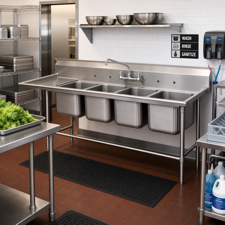 Product image #2 for Advance Tabco Regaline 4-Compartment Deep Drawn Sink with Left-Hand 18-Inch Drainboard, 96-Inch Overall Length, 16 x 20-Inch Bowls