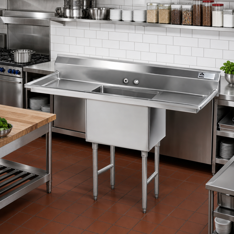 Product image #2 for 1-Compartment Fabricated Sink with Left and Right Drainboards, 96 Inch Length, 304 Stainless Steel