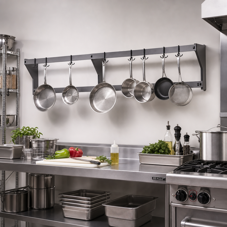 Product image #2 for Eagle Group 36-Inch Wall-Mounted Aluminum Double-Bar Pot Rack with 6 Double-Pronged Hooks