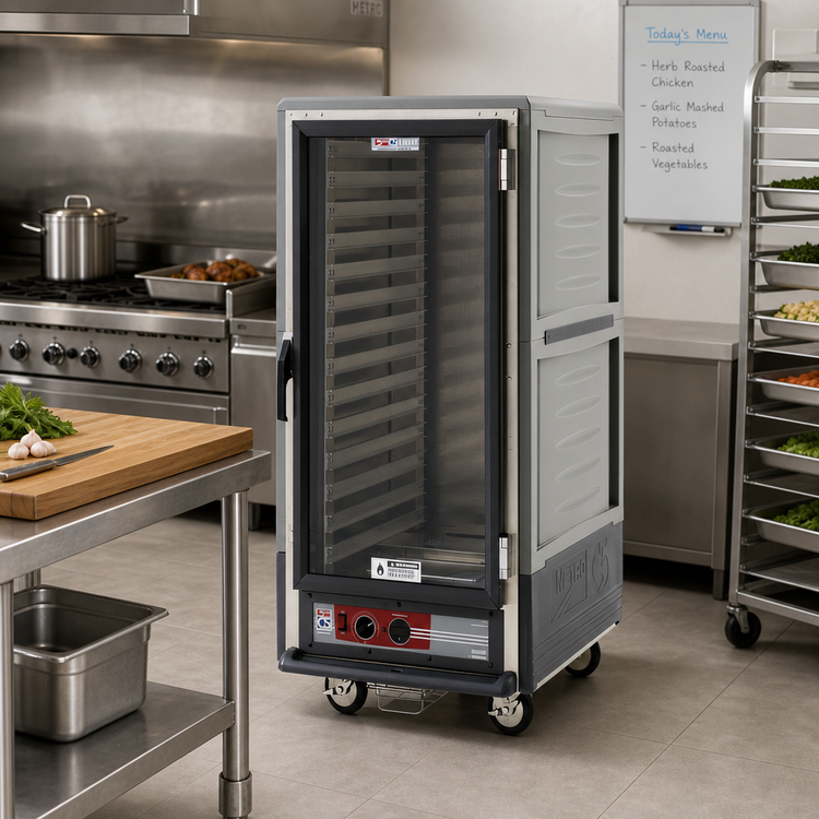 Product image #2 for Metro C5 3 Series Insulation Armour 3/4 Height Heated Holding Cabinet, Gray, Clear Door, Low-Watt, Mobile, 27 Pan Capacity