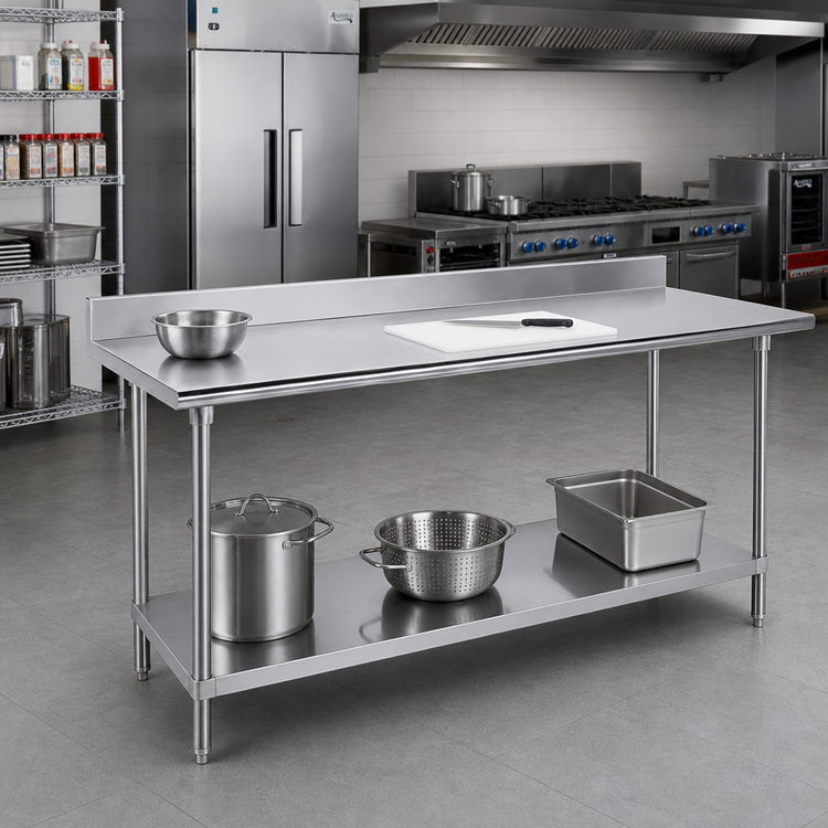Product image #2 for Advance Tabco 144" x 24" 16-Gauge 430 Stainless Steel Work Table with 5" Backsplash and Undershelf
