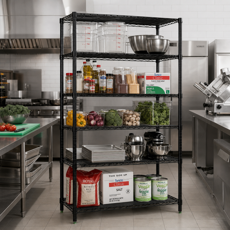 Product image #2 for Quantum Black Epoxy Antimicrobial Stationary Wire Shelving Starter Kit, 72 in. W x 24 in. D x 74 in. H, 5 Shelves