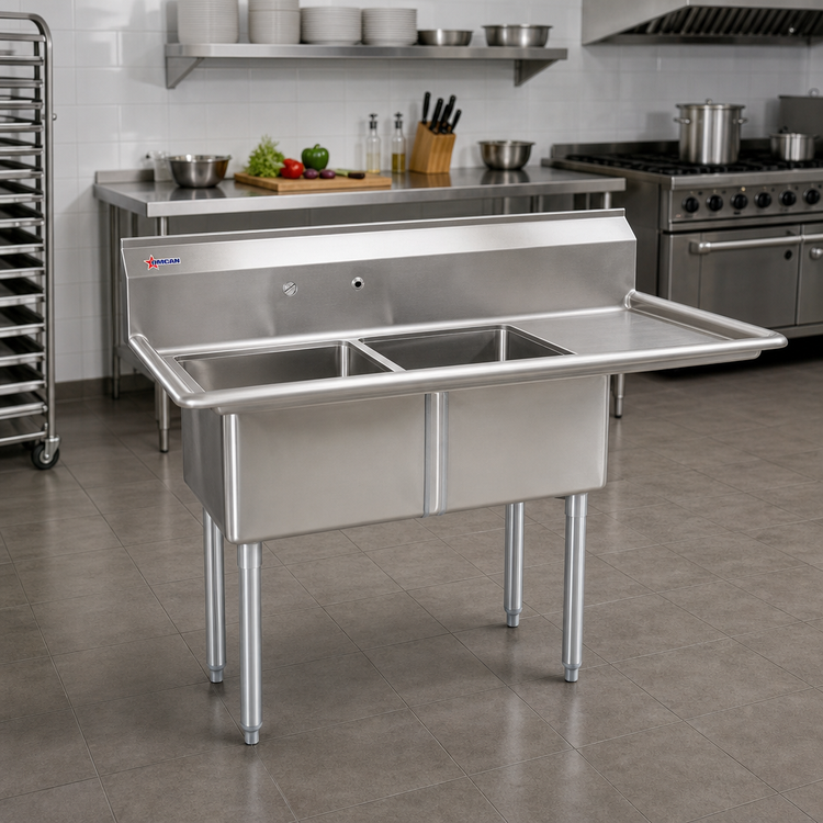 Product image #2 for Omcan 25251 2-Compartment Pot Sink with Right-Hand Drainboard, 304 Stainless Steel