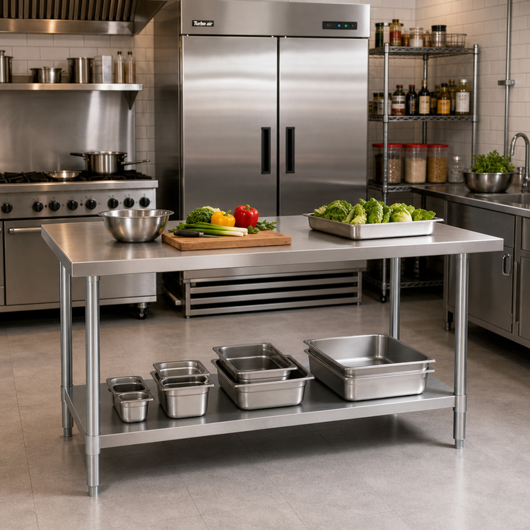 Product image #2 for Turbo Air 60-Inch x 24-Inch 18/304 Stainless Steel Flat Top Work Table with Adjustable Undershelf