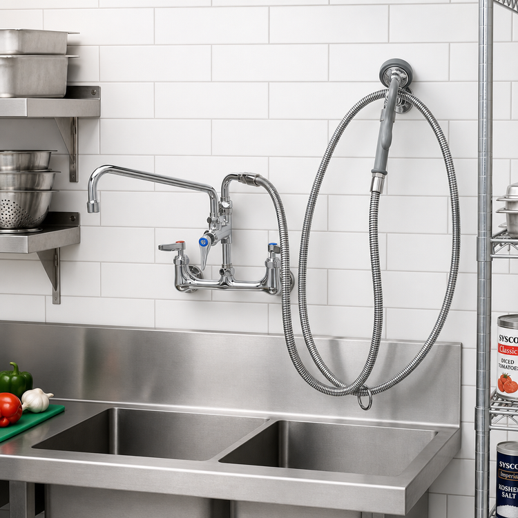 Product image #2 for Wall-Mount Mixing Pre-Rinse Faucet Spray Assembly with 12-Inch Swing Nozzle and 104-Inch Hose