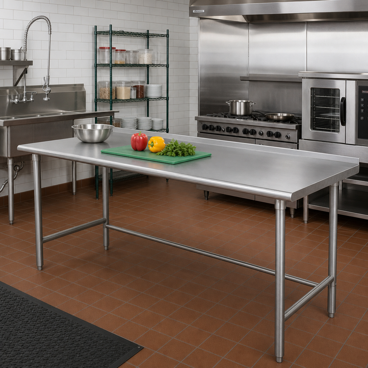 Product image #2 for Advance Tabco 108 Inch x 36 Inch 14-Gauge 304 Stainless Steel Open Base Work Table with 1-1/2 Inch Rear Upturn and Galvanized Legs