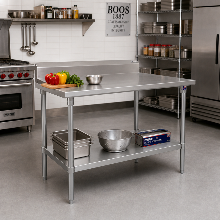 Product image #2 for John Boos Stallion 72-Inch x 30-Inch 16-Gauge Stainless Steel Top Work Table with 5-Inch Backsplash and Galvanized Undershelf