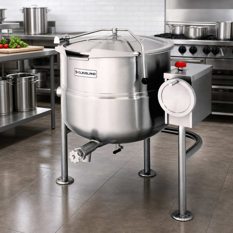 Product image #2 for Cleveland Range KDL25T 25-Gallon Direct Steam Tilting Kettle with Open Tri-Leg Base