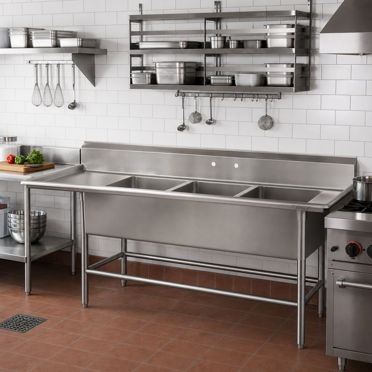 Product image #2 for Eagle Group S14 Series 3-Compartment 14-Gauge 304 Stainless Steel Sink with Left Drainboard, 95-1/2-Inch
