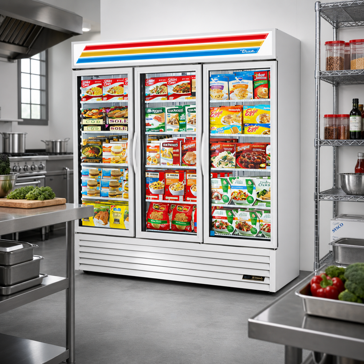 Product image #2 for True GDM-72F-HC~TSL01 3-Section Glass Door Freezer Merchandiser, Self-Contained Bottom-Mount, White