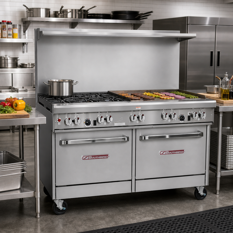 Product image #2 for Southbend Ultimate 60-Inch Gas Restaurant Range with 2 Open Burners, 48-Inch Griddle, Convection Oven and Cabinet Base