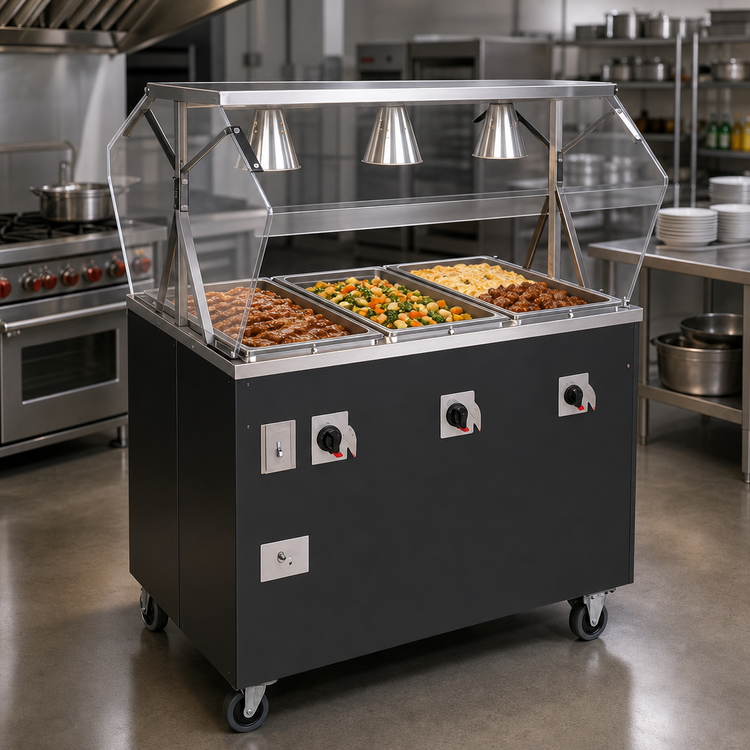Product image #2 for Deluxe 4-Well Mobile Hot Food Station with Breath Guard and Enclosed Storage Base