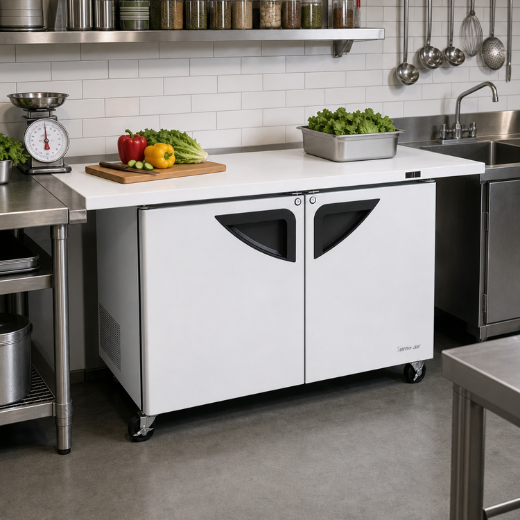 Product image #2 for Turbo Air Super Deluxe Series 72-5/8-Inch Two-Section Undercounter Refrigerator with Extended Countertop, 12.2 Cu. Ft.