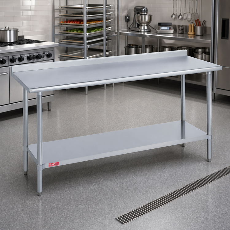 Product image #2 for Duke 144-Inch x 24-Inch Stainless Steel Work Table with 1-1/8-Inch Straight Riser and Stainless Undershelf