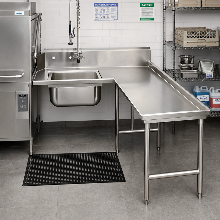 Product image #2 for Advance Tabco L-Shaped Right-Hand Island Soil Dishtable with Pre-Rinse Sink, 71 Inch, 14 Gauge 304 Stainless Steel