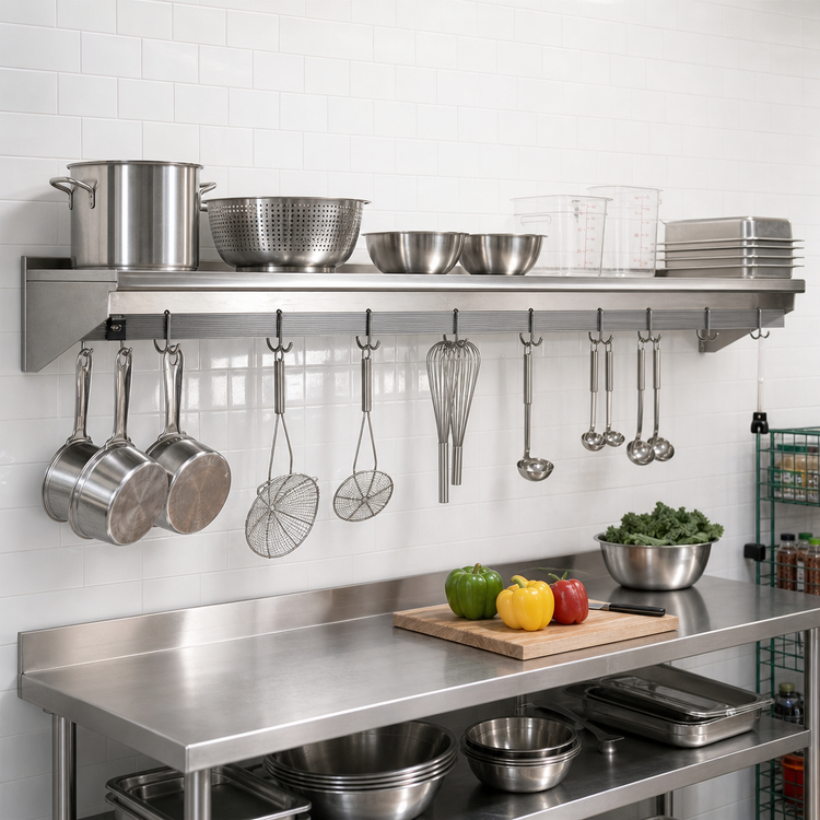 Product image #2 for Eagle Group Wall-Mount Stainless Steel Pot Rack Wall Shelf with Removable Hooks, 144 Inch W x 10 Inch D