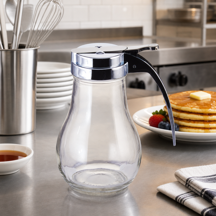 Product image #2 for Winco 14 oz Thumb-Operated Glass Syrup Dispenser with Chrome-Plated Top