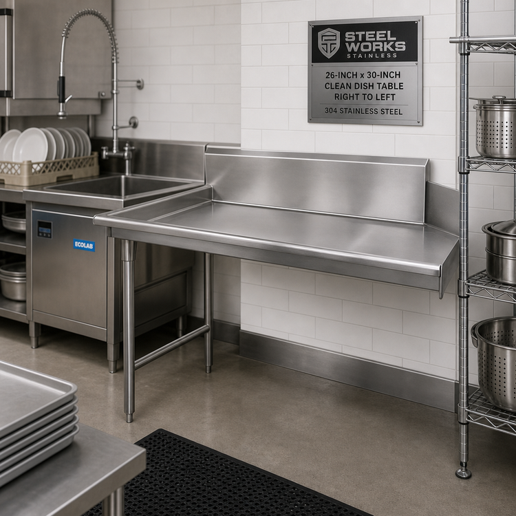 Product image #2 for Steel Works Stainless 26-Inch x 30-Inch Clean Dish Table, 304 Stainless Steel, Right to Left