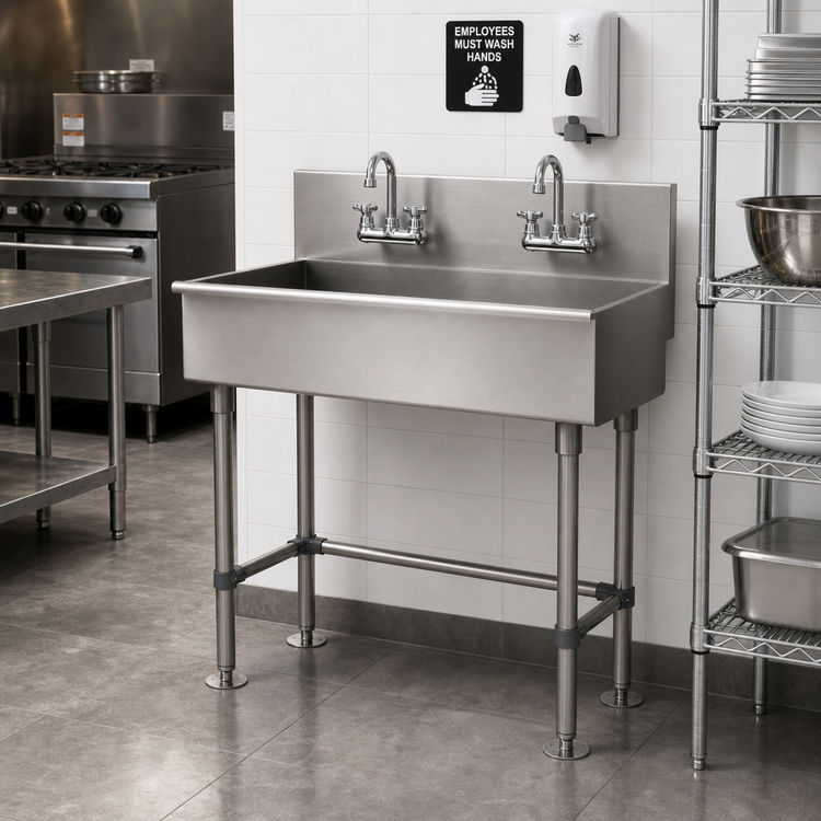 Product image #2 for Advance Tabco 40-Inch Freestanding Multiwash Hand Sink with 16-Gauge 304 Stainless Steel and 2 Faucet Hole Sets