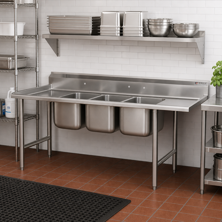 Product image #2 for Eagle Group 414 Series Coved-Corner Four-Compartment Sink with 24-Inch Left Drainboard, 18 x 24-Inch Bowls