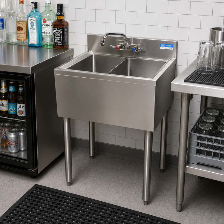 Product image #2 for BK Resources Slim-Line 2-Compartment Underbar Sink with Faucet, 24 Inch W x 18-1/4 Inch D x 32-1/2 Inch H, 304 Stainless Steel