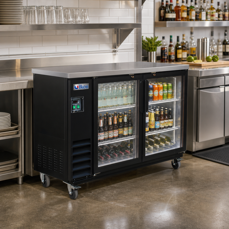 Product image #2 for IKON Refrigeration 61-Inch Two-Section Glass Door Back Bar Cooler, 14.16 Cu. Ft., Stainless Steel Top
