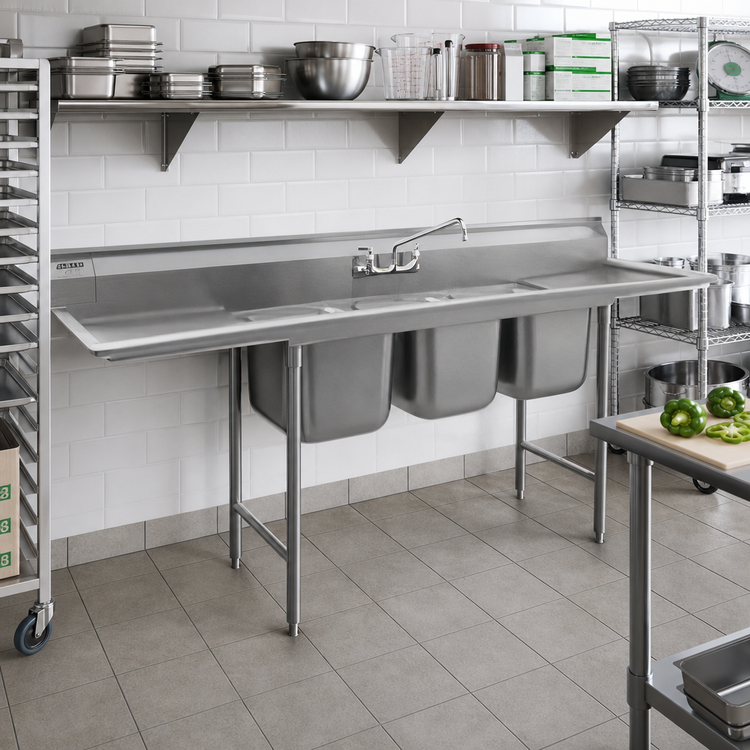 Product image #2 for Eagle Group 314 Series Three-Compartment Sink with Left and Right 18-Inch Drainboards, 304 Stainless Steel, 90 Inch W x 27-1/2 Inch D
