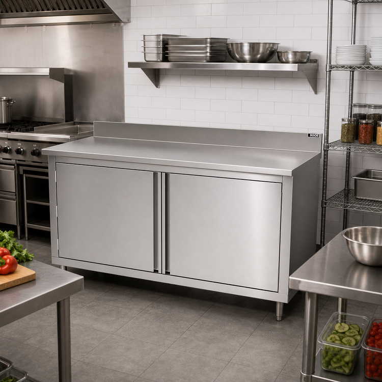 Product image #2 for John Boos 72-Inch x 24-Inch Stainless Steel Enclosed Base Work Table with Hinged Doors and 5-Inch Backsplash