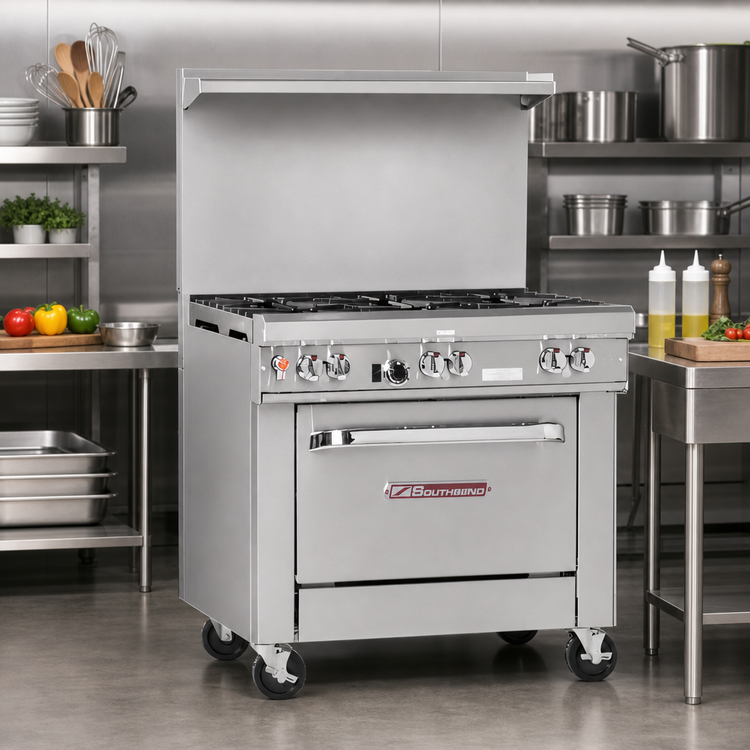 Product image #2 for Southbend Ultimate 36-Inch Gas Restaurant Range with 5 Open Burners, Cabinet Base, and Stainless Steel Hi-Shelf