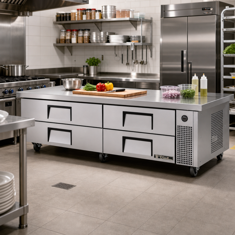 Product image #2 for True 4-Drawer Refrigerated Chef Base with 86-1/4 Inch Stainless Steel Top, Self-Contained Side-Mounted Refrigeration