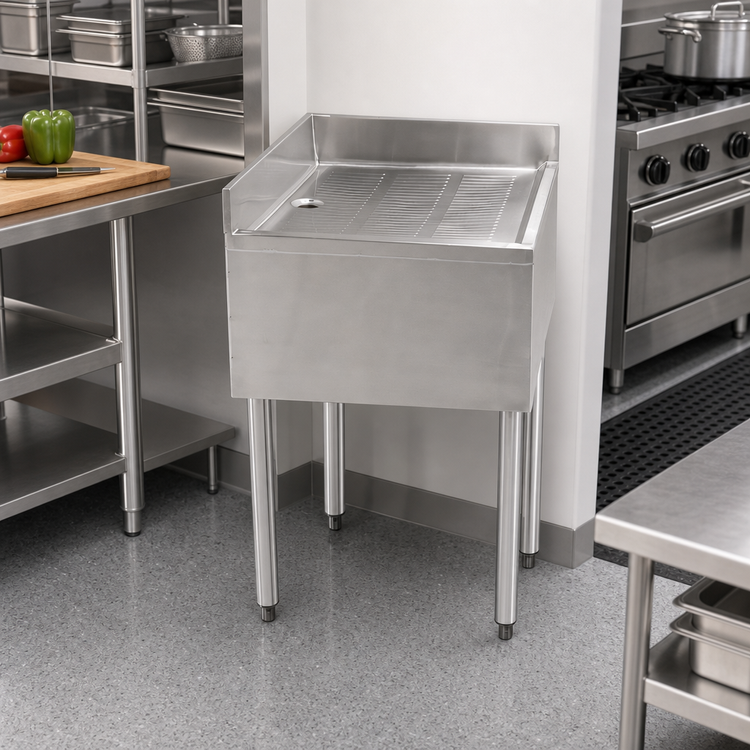 Product image #2 for BK Resources 21 x 21 Inch Freestanding Corner Drainboard with Drain and Stainless Steel Legs