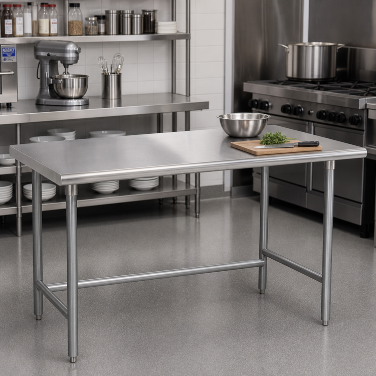 Product image #2 for Advance Tabco 48 Inch x 30 Inch 16 Gauge 430 Stainless Steel Flat Top Work Table with Galvanized Open Base