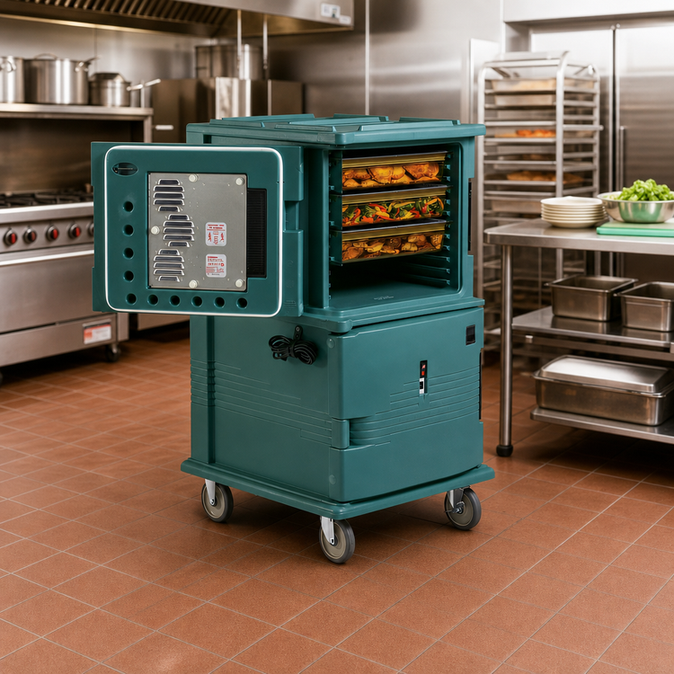 Product image #3 for Cambro Ultra Camcart H-Series Heated Top-Door Food Pan Carrier, 2-Compartment Front Loading, 110V, Granite Green